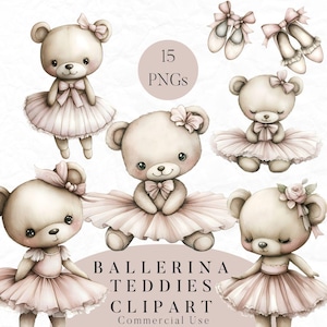 15 Ballerina Teddy Clipart, Akwarela Teddy Bear PNG, Baby Shower Teddy Bear, Ballerina Clipart, Użytek komercyjny, Pobieranie cyfrowe