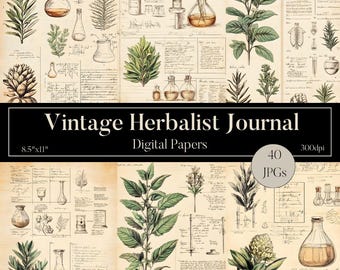 Vintage Botanical Junk Journal, Herbal Medicine Digital Art,