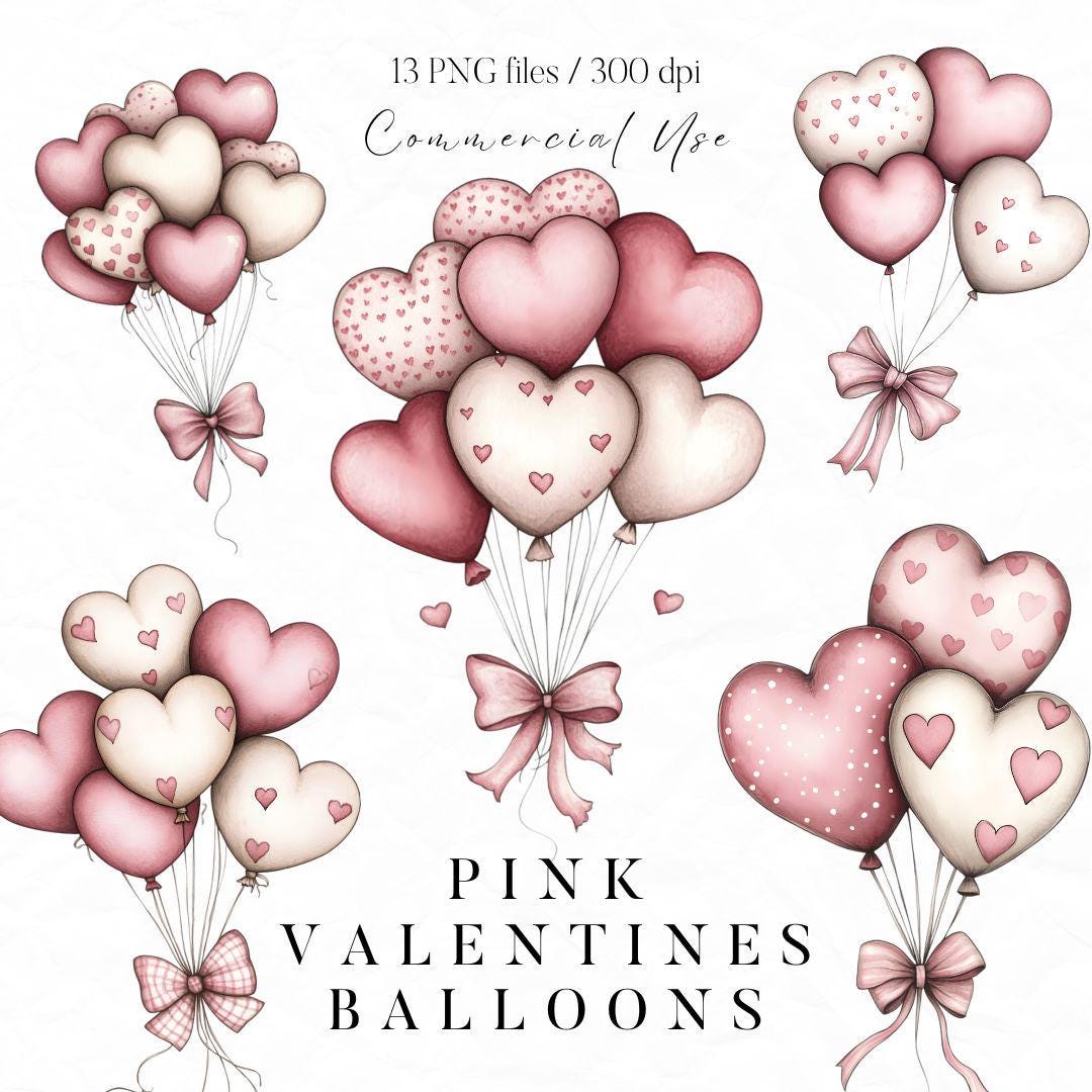 Valentine's Day Balloon Clipart, Pink Balloon Bunch PNG, Love Heart Balloons Clipart, Romantic Clipart, Kawaii Valentines Day, Love Clipart