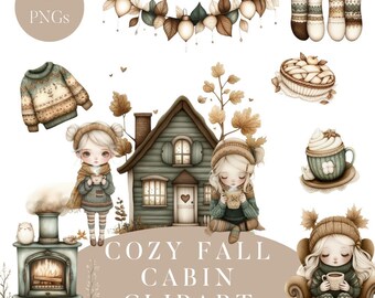 Cozy Fall Cabin Clipart, Cozy Autumn Clipart, Autumn Cabin, Fall Clipart PNG, Instant Download, Commercial Use, Cozy Clipart