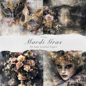 Mardi Gras Junk Journal Pages- Vintage Masquerade Scrapbook Papers- Printable Ephemera- DIY Crafts