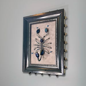 Handmade Black Frame with Silver Studs & Spikes | Blue Sandstone, Shell, Crystal and Glass Beaded Scorpion on Gray Crushed Velvet