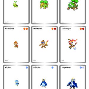 May include: A grid of nine rectangular cards featuring illustrations of fictional creatures. Each card displays a name, a numerical ID, and a colored dot. The creatures include Turtwig, Grotle, Torterra, Chimchar, Monferno, Infernape, Piplup, Prinplup, and Empoleon.