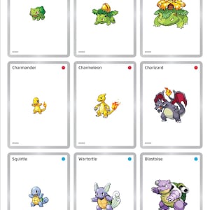 Può includere: Nove carte collezionabili con personaggi Pokémon, tra cui Bulbasaur, Ivysaur, Venusaur, Charmander, Charmeleon, Charizard, Squirtle, Wartortle e Blastoise. Ogni carta è numerata e mostra il nome del Pokémon.