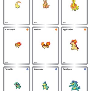 May include: Nine trading cards featuring Pokémon characters, including Chikorita, Bayleef, and Meganium. Each card has a white background with a silver border and a small coloured dot in the upper right corner.