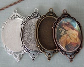 5 Vintage Style 30x40mm Oval Filigree Photo Pendant Trays with Matching Glass Cabochons - Cameo Settings - Blank Photo Pendant Trays