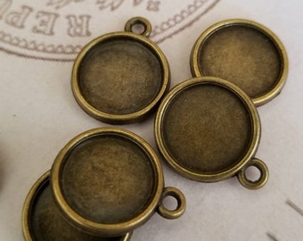50 pcs 12mm Round Antique Bronze Reversible Pendant Earring Tray Blank Setting for Glass Cabochon Double Sided