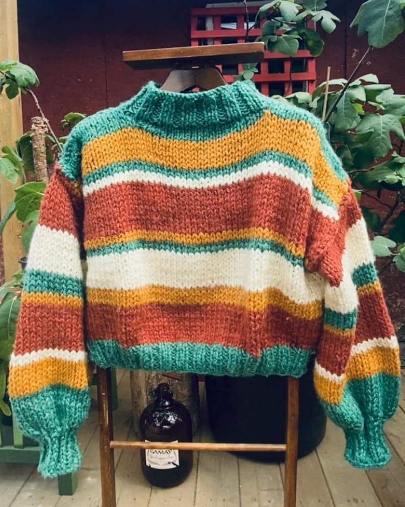Pu&ograve; includere: Un maglione a righe di maglia con collo alto e maniche lunghe. Il maglione &egrave; realizzato con un filato spesso e presenta strisce alternate di verde, bianco, arancio e marrone.