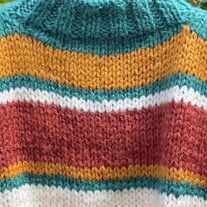 Pu&ograve; includere: Un maglione a righe con uno schema di colori verde, bianco, arancione e rosso. Il maglione &egrave; lavorato a maglia e ha un collo rotondo.
