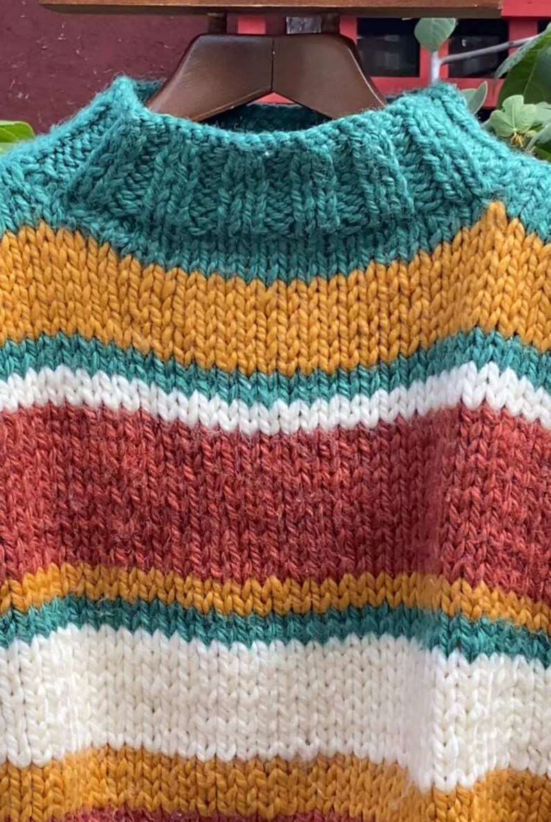 Pu&ograve; includere: Un maglione a righe con uno schema di colori verde, bianco, arancione e rosso. Il maglione &egrave; lavorato a maglia e ha un collo rotondo.