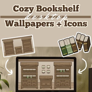 Puede incluir: Un monitor de computadora que muestra una ilustración digital de una estantería con libros, una imagen de fondo de escritorio. El monitor está sobre un escritorio blanco con un teclado, una planta en maceta y una taza con lápices.