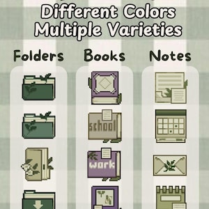 May include: Forest themed digital folder, book, and note icons in various colors. The icons feature a green folder with a leaf, a purple book with a leaf, and a green note with a leaf. The icons also feature a green folder with a download arrow, a purple book with the word "work", and a green note with a calendar.