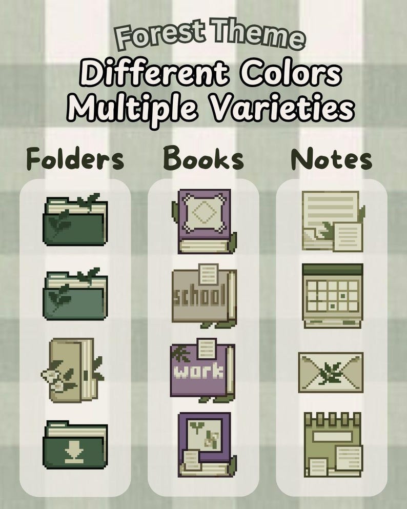 May include: Forest themed digital folder, book, and note icons in various colors. The icons feature a green folder with a leaf, a purple book with a leaf, and a green note with a leaf. The icons also feature a green folder with a download arrow, a purple book with the word "work", and a green note with a calendar.