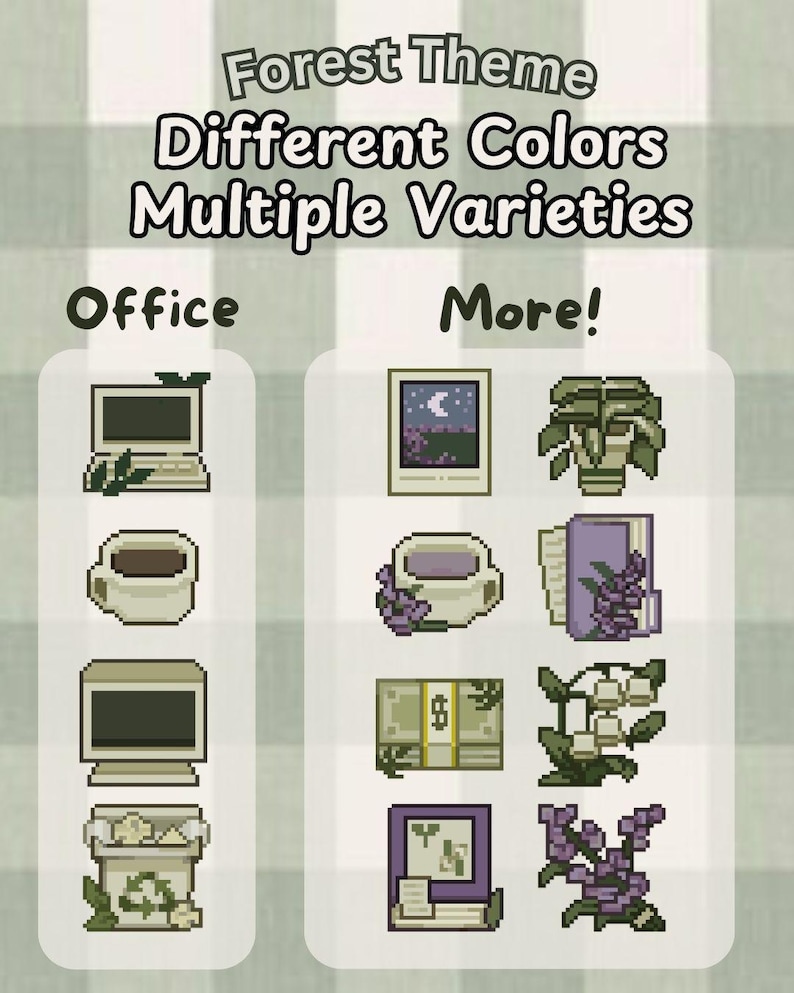 May include: Forest theme digital clipart set with office and nature themed illustrations.  The office set includes a computer, coffee cup, and a trash can. The nature set includes a night sky, a potted plant, a cup of tea, a book, a flower, and a stack of books.