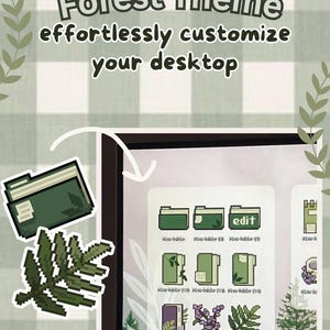 May include: A digital illustration of a forest theme desktop folder icon set. The icons are green, purple, and brown and feature a variety of forest elements, including leaves, branches, and flowers. The text "edit" is visible on one of the icons.