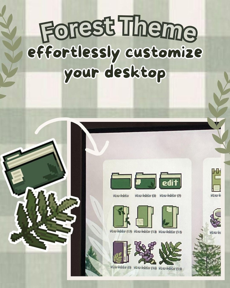 May include: A digital illustration of a forest theme desktop folder icon set. The icons are green, purple, and brown and feature a variety of forest elements, including leaves, branches, and flowers. The text "edit" is visible on one of the icons.