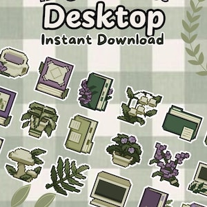 May include: A set of digital stickers featuring a magical forest theme. The stickers include a computer, books, plants, and mushrooms. The text "Magical Forest Desktop Instant Download" is at the top of the image.