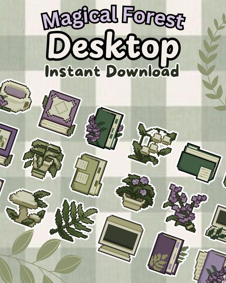 May include: A set of digital stickers featuring a magical forest theme. The stickers include a computer, books, plants, and mushrooms. The text "Magical Forest Desktop Instant Download" is at the top of the image.