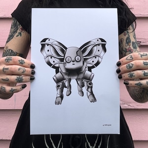 May include: Black and white illustration of a robot with butterfly wings. The robot has large eyes and a small mouth. The wings are detailed with veins and a mechanical design.