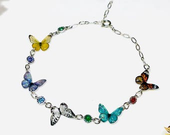 Mini Butterfly Bracelet With Crystal Chips, Resin Butterfly Wing Jewelry, Gift for Her