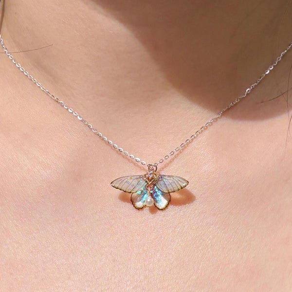 Cute Moth Necklace, Moth Wings With Pearl Jewelry, Insect Fairy Resin Moth Pendant, Gift For Her