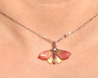Rosy Maple Moth Necklace, Butterfly Wings With Pearl Jewelry, Insect Fairy Resin Moth Pendant, Gift For Her