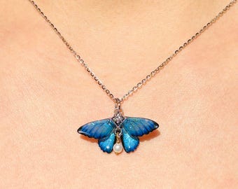 Blue Moth Necklace, Moth Wings With Pearl Jewelry, Insect Fairy Resin Moth Pendant, Gift For Her