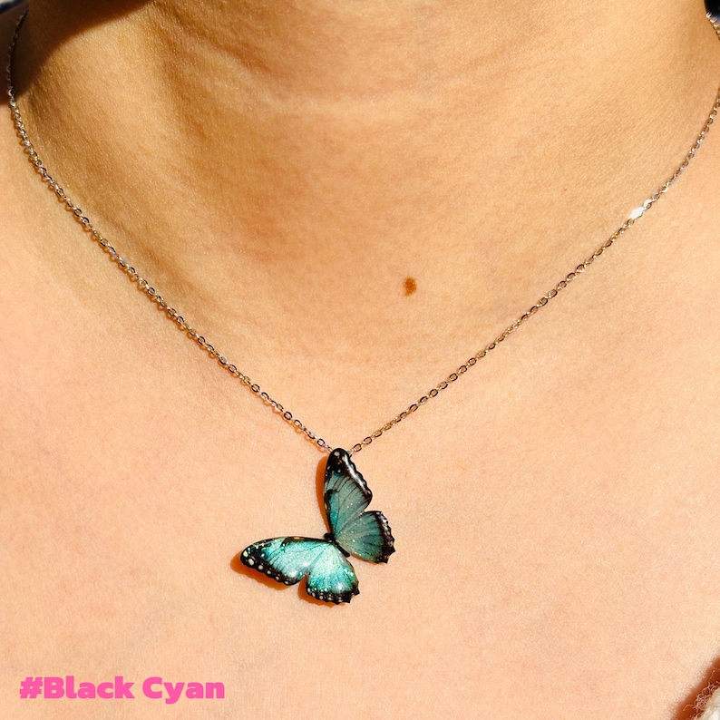 Blue Morpho Butterfly Necklace, Dainty Pendant Necklace, Fairy Resin Jewelry, Unique Gift for her Black Cyan