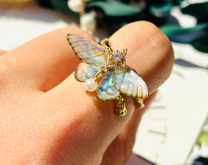 Moth Ring with Pearl, Cute Moth Wings Rings, Insect Fairy Resin Jewelry, Handmade Gift for her