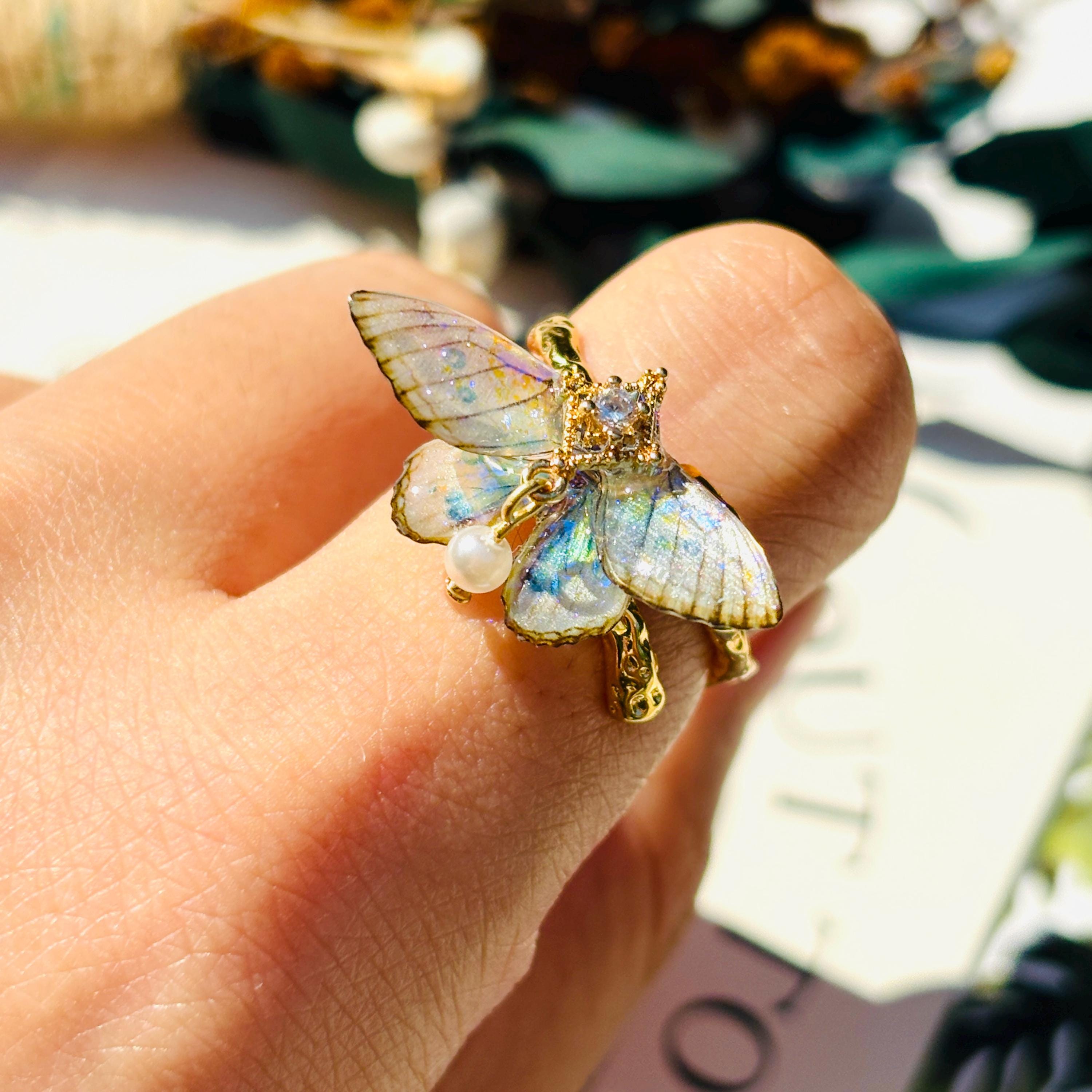 Moth Ring with Pearl, Cute Moth Wings Rings, Insect Fairy Resin Jewelry, Handmade Gift for her