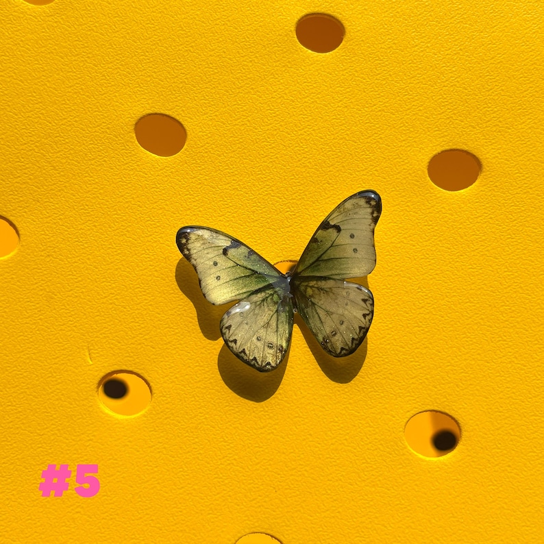 May include: A decorative butterfly with translucent wings, featuring green and yellow hues, rests on a bright yellow surface. The butterfly's intricate details are visible, and the number "#5" is displayed in pink.