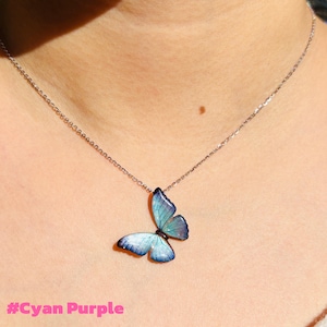 Blue Morpho Butterfly Necklace, Dainty Pendant Necklace, Fairy Resin Jewelry, Unique Gift for her Cyan Purple