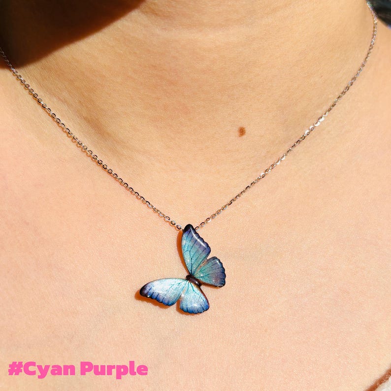 Blue Morpho Butterfly Necklace, Dainty Pendant Necklace, Fairy Resin Jewelry, Unique Gift for her Cyan Purple