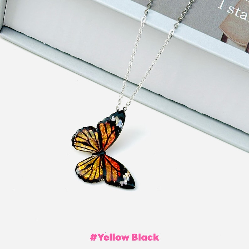 Blue Morpho Butterfly Necklace, Dainty Pendant Necklace, Fairy Resin Jewelry, Unique Gift for her Yellow Black