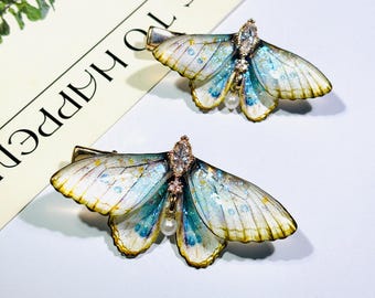 Moonlight Blue Moth Wing With Pearl Hair Clips,  Wings Hair Pin, Fairy Jewelry, Gift for her