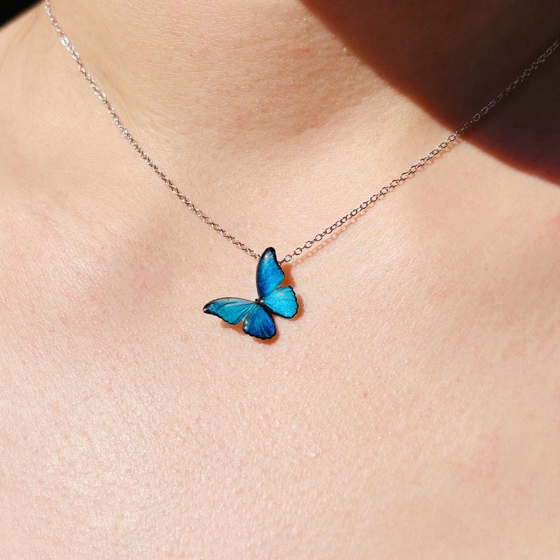 Blue Morpho Butterfly Necklace, Dainty Pendant Necklace, Fairy Resin Jewelry, Unique Gift for her Deep Blue