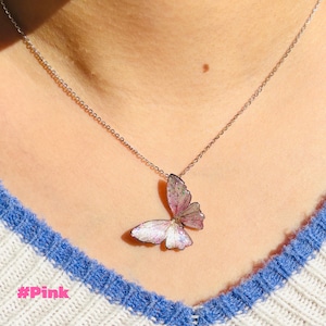 Blue Morpho Butterfly Necklace, Dainty Pendant Necklace, Fairy Resin Jewelry, Unique Gift for her Pink