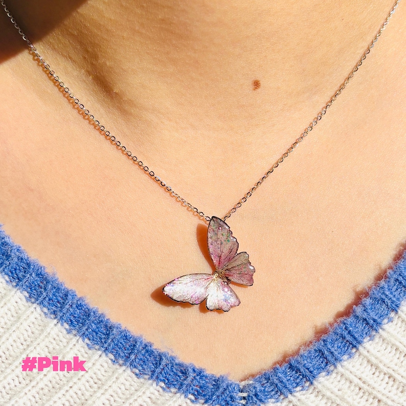 Blue Morpho Butterfly Necklace, Dainty Pendant Necklace, Fairy Resin Jewelry, Unique Gift for her Pink