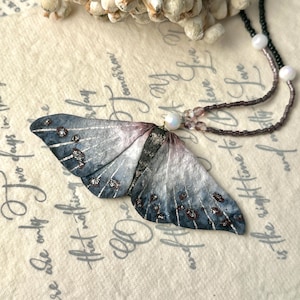 Lunar Eclipse Moth Necklace, Blue Gray Moth Pendant, Gothic Halloween Accessory, Handmade Jewelry, Gifts For Her