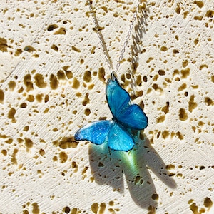 Blue Morpho Butterfly Necklace, Dainty Pendant Necklace, Fairy Resin Jewelry, Unique Gift for her