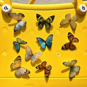 May include: A collection of colorful butterfly decorations are arranged on a bright yellow surface. The butterflies feature various patterns and shades, including blue, orange, green, and yellow. The image showcases a vibrant display of insect-themed embellishments.