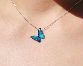 Handmade Blue Butterfly Necklace, Dainty Wings Pendant Jewelry, Fairy Resin Charms, Gift for her