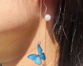 Blue Morpho Butterfly Theader Earring with Pearl, Fairy Resin Earrings, Handmade Jewelry, Gifts for Her