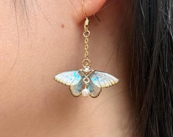 Moth Earrings, Cute Moth Wings With Pearl, Insect Fairy Resin Jewelry, Handmade Gift for her