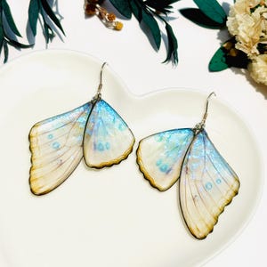 Puede incluir: Un par de pendientes de mariposa con alas iridiscentes azules y blancas. Las alas est&aacute;n hechas de resina y tienen una calidad delicada y transl&uacute;cida. Los pendientes est&aacute;n unidos a ganchos de plata.