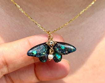 Dark Moth Necklace, Gothic Moth Wing With Pearl Pendant, Fairy Jewelry, Gift for her