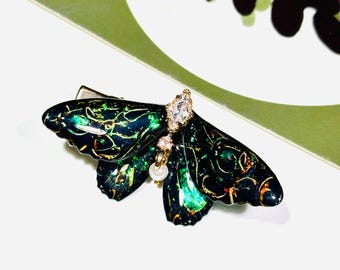 Dark Gothic Moth Wing With Pearl Hair Clips,  Fairy Jewelry, Gift for her