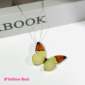 Blue Morpho Butterfly Necklace, Dainty Pendant Necklace, Fairy Resin Jewelry, Unique Gift for her Yellow Red