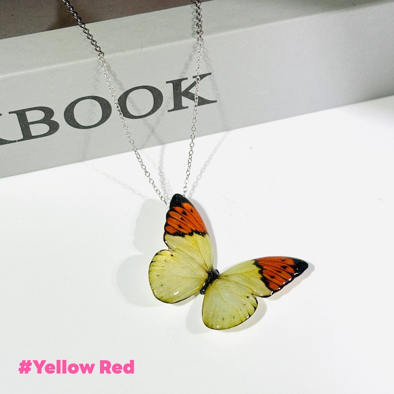 Blue Morpho Butterfly Necklace, Dainty Pendant Necklace, Fairy Resin Jewelry, Unique Gift for her Yellow Red