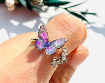 Butterfly Flower Ring, Cute Butterfly Wings Floral Ring, Adjustable Fairy Resin Jewlery, Handmade Gift for her